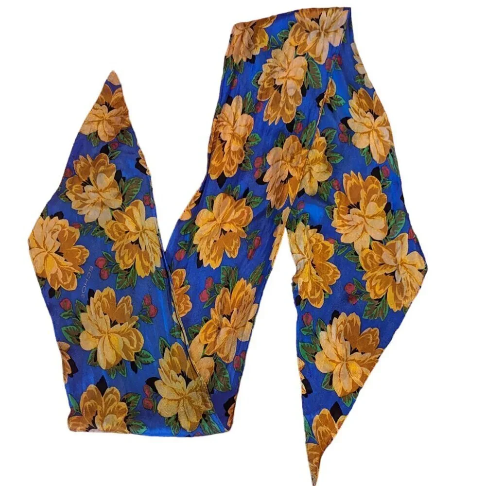Vintage Skinny Silk Echo Scarf Floral Flowey Cottage Core Boho 80’s‎ 90’s